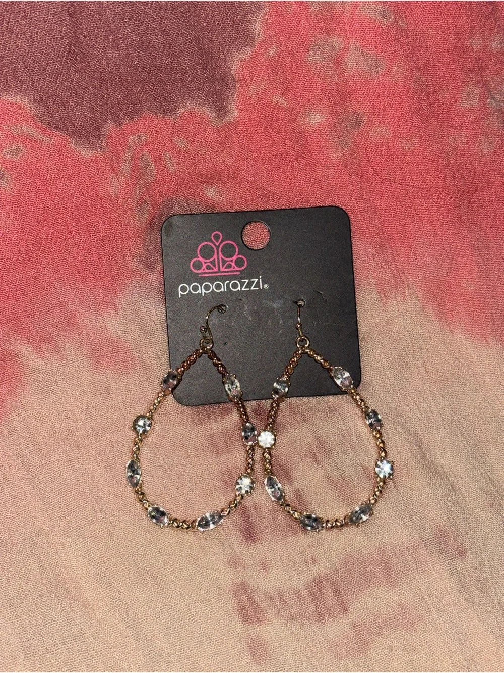 paparazzi Gold-Tone Teardrop Hoop Earrings with Clear Stones